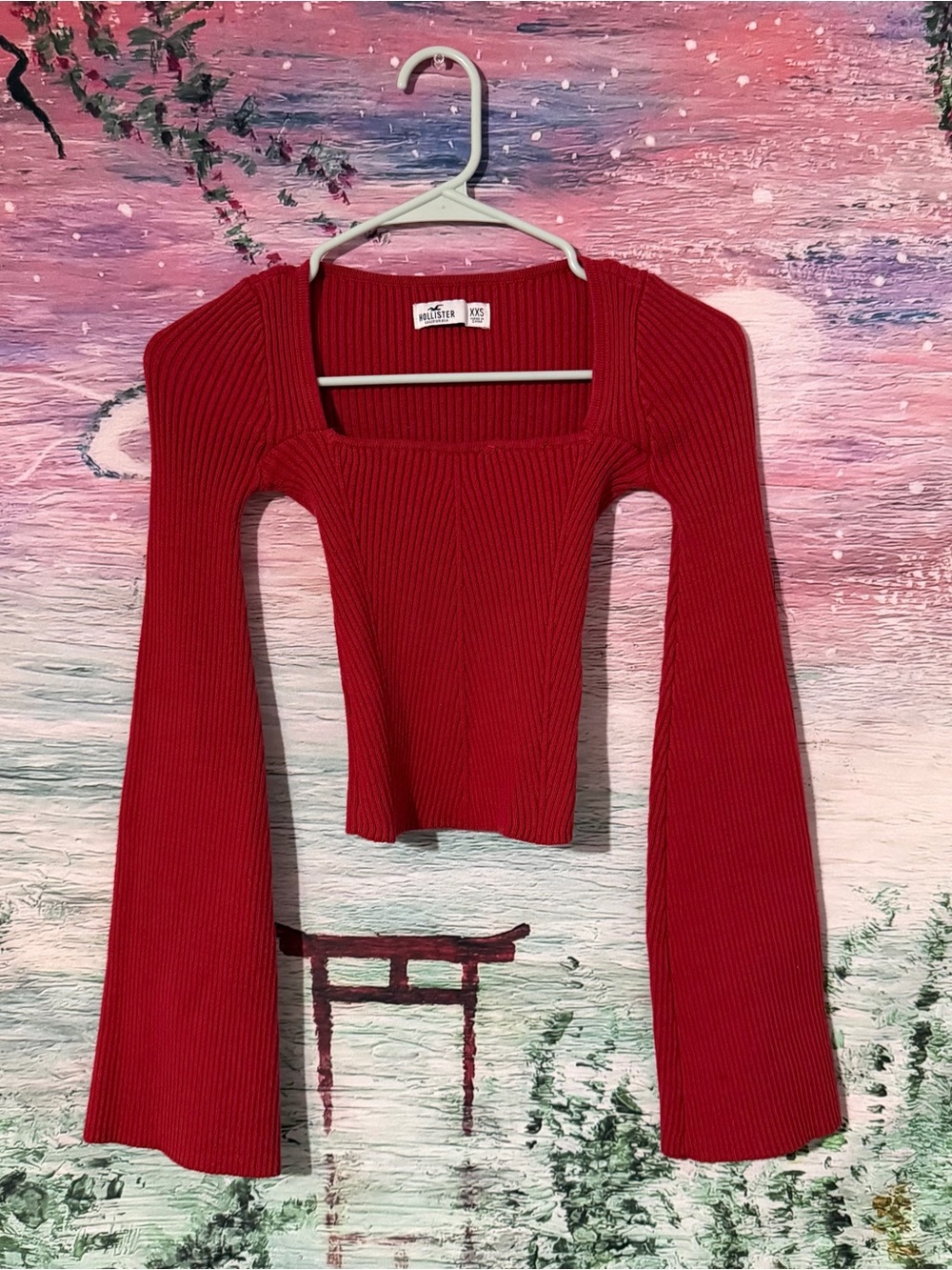 Hollister Red Ribbed Square-Neck Long Sleeve Top